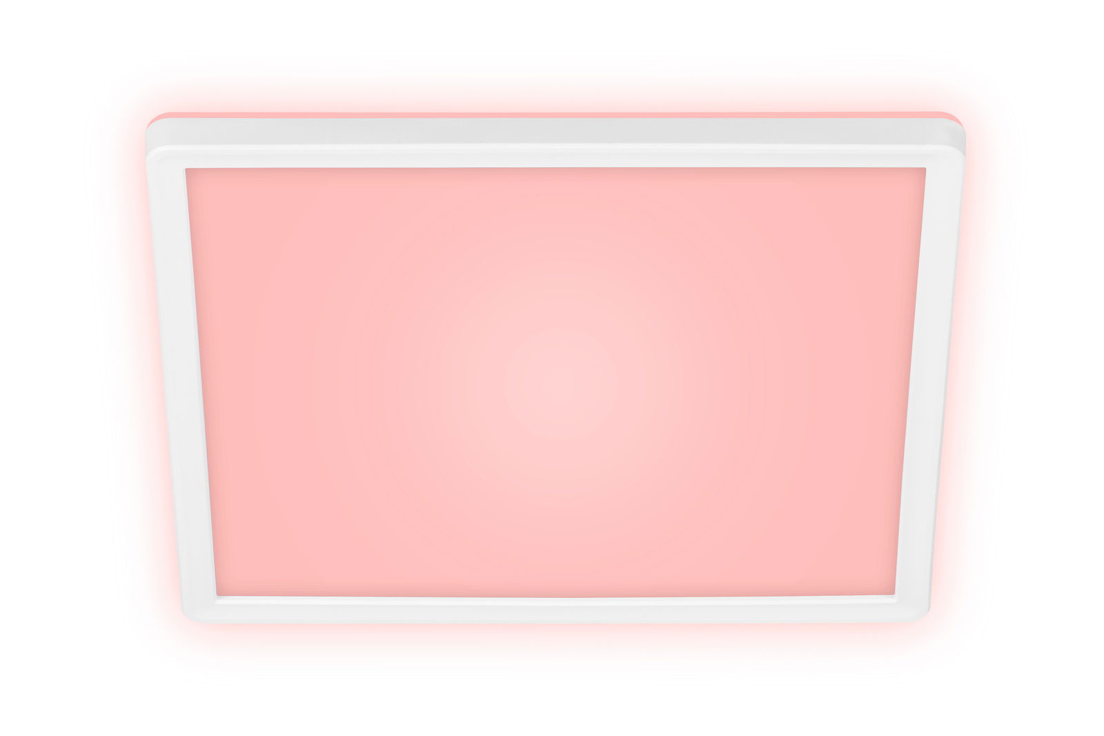 LED-Deckenleuchte in quadratischer Form mit weißem Rahmen und rosa Licht, Ansicht von unten