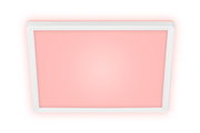 LED-Deckenleuchte in quadratischer Form mit weißem Rahmen und rosa Licht, Ansicht von unten