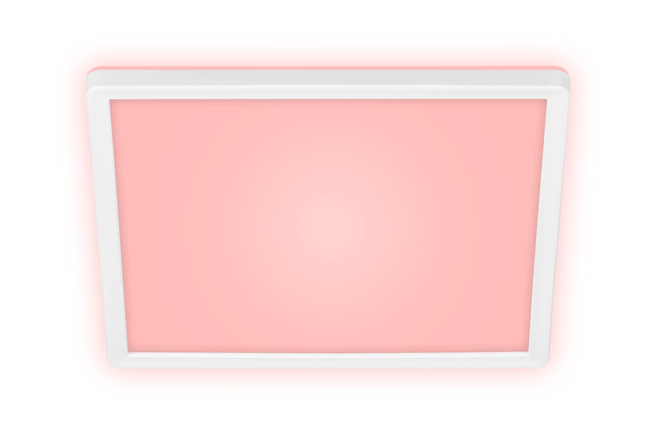 LED-Deckenleuchte in quadratischer Form mit weißem Rahmen und rosa Licht, Ansicht von unten