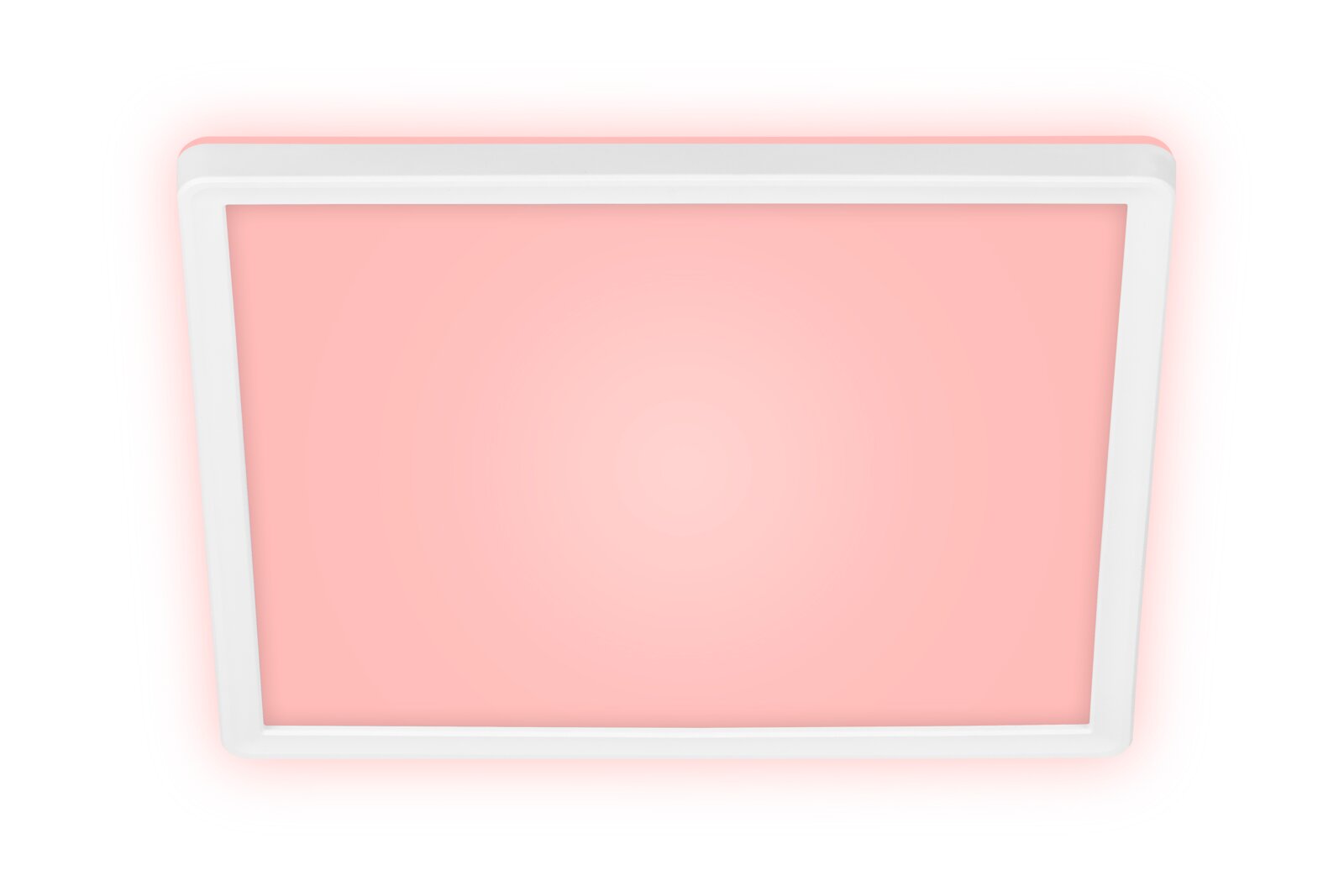 LED-plafondlamp in vierkante vorm met een wit frame en roze licht, gezien van onderaf