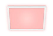 LED-plafondlamp in vierkante vorm met een wit frame en roze licht, gezien van onderaf
