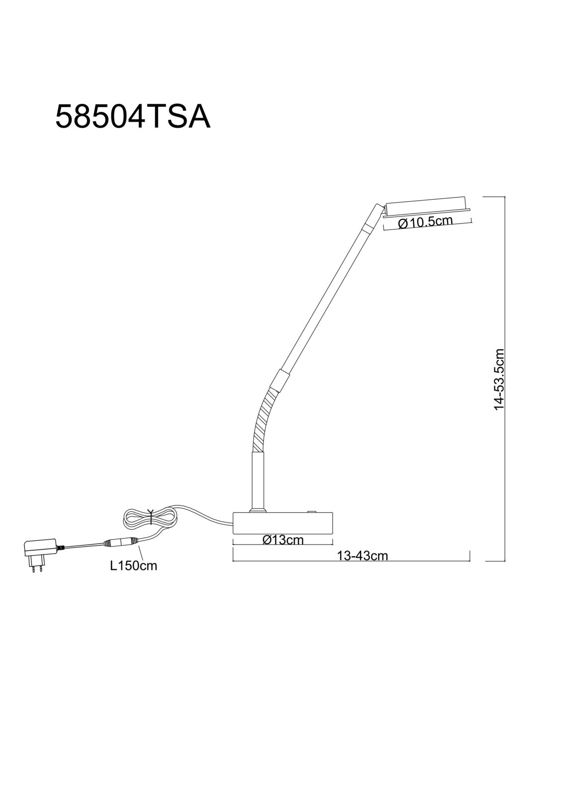 Technische Seitenansicht einer verstellbaren LED-Schreibtischlampe mit rundem Leuchtenkopf (Ø 10,5 cm), rundem Standfuß (Ø 13 cm) und Netzteil; Maße: Höhe 14–53,5 cm, Ausladung 13–43 cm, Kabellänge 150 cm.