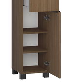 Hochschrank aus Holz mit geöffneter Tür, zeigt Innenregale aus der rechten Perspektive