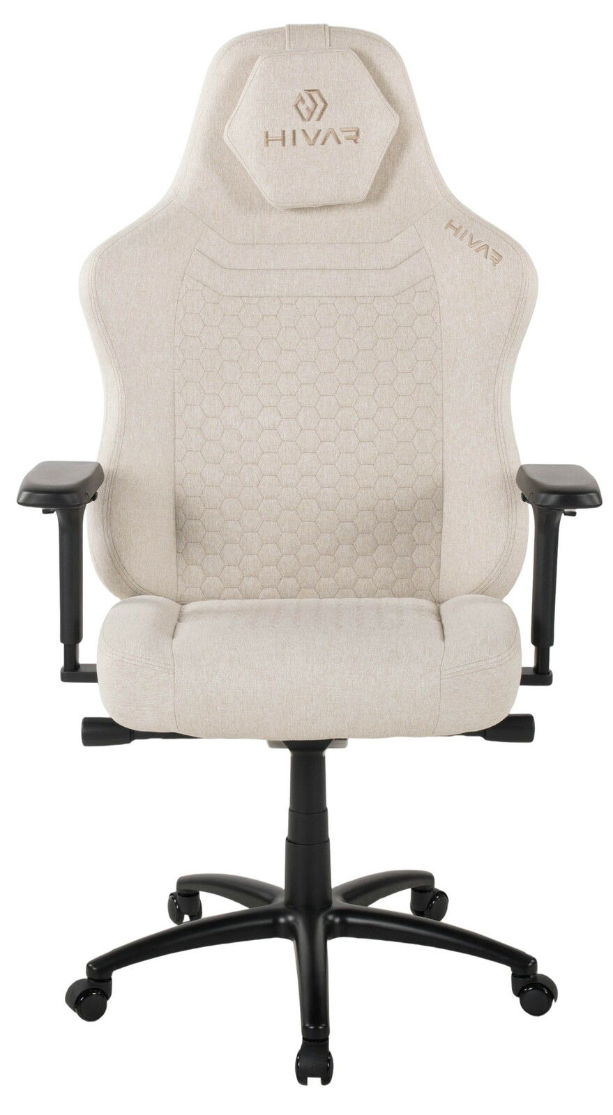 Beiger Gaming-Stuhl mit ergonomischem Design, von vorne gesehen, mit verstellbaren Armlehnen und stabiler Basis.