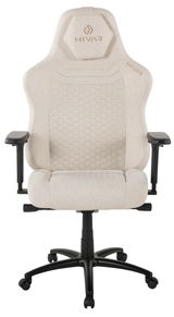 Beiger Gaming-Stuhl mit ergonomischem Design, von vorne gesehen, mit verstellbaren Armlehnen und stabiler Basis.