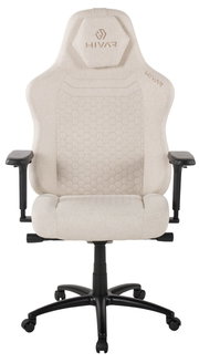 Beiger Gaming-Stuhl mit ergonomischem Design, von vorne gesehen, mit verstellbaren Armlehnen und stabiler Basis.