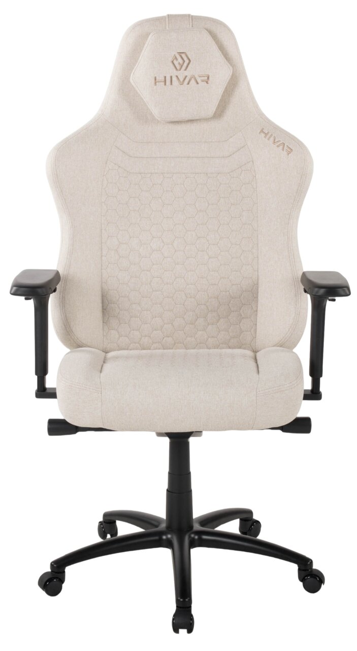 Beiger Gaming-Stuhl mit ergonomischem Design, von vorne gesehen, mit verstellbaren Armlehnen und stabiler Basis.