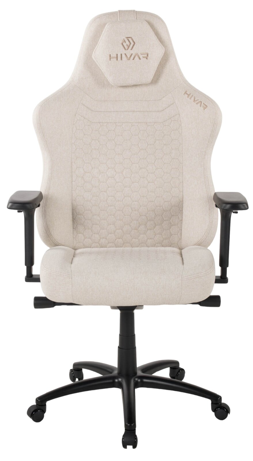 Beiger Gaming-Stuhl mit ergonomischem Design, von vorne gesehen, mit verstellbaren Armlehnen und stabiler Basis.