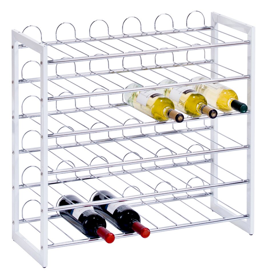 Zeller Present Weinregal für 36 Flaschen Weinregal aus Metall für 36 Flaschen, seitliche Perspektive, teilweise gefüllt mit Weinflaschen