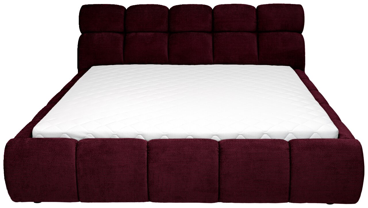 Stoffen bed, vooraanzicht, met donkerrode stoffen bekleding en een wit matras