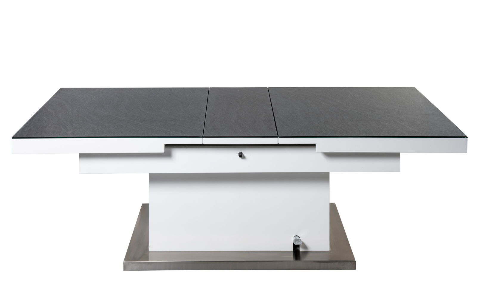 Moderner Couchtisch mit schwarzer Tischplatte und weißem Sockel, frontal betrachtet.