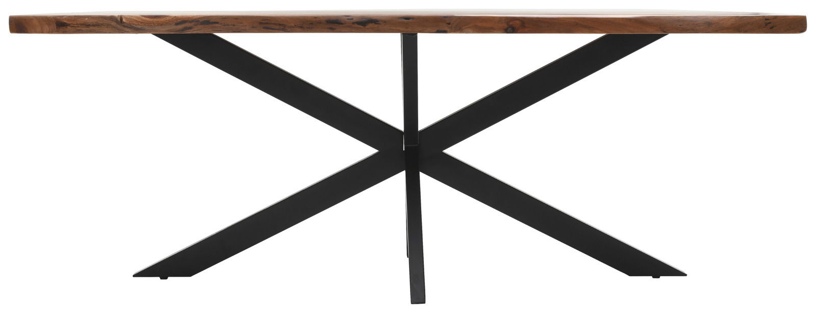 Moderner Esstisch mit Holzplatte und schwarzem Metallgestell, Seitenansicht