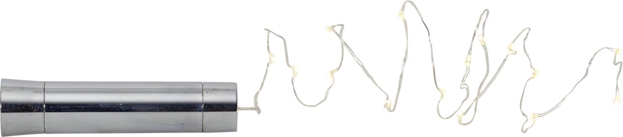STAR TRADING LED-Lichterkette für Flaschen DEW DROP TUBE Silbernes zylindrisches Batteriefach mit dünner LED-Lichterkette und warmweißen Micro-LEDs auf weißem Hintergrund, Seitenansicht