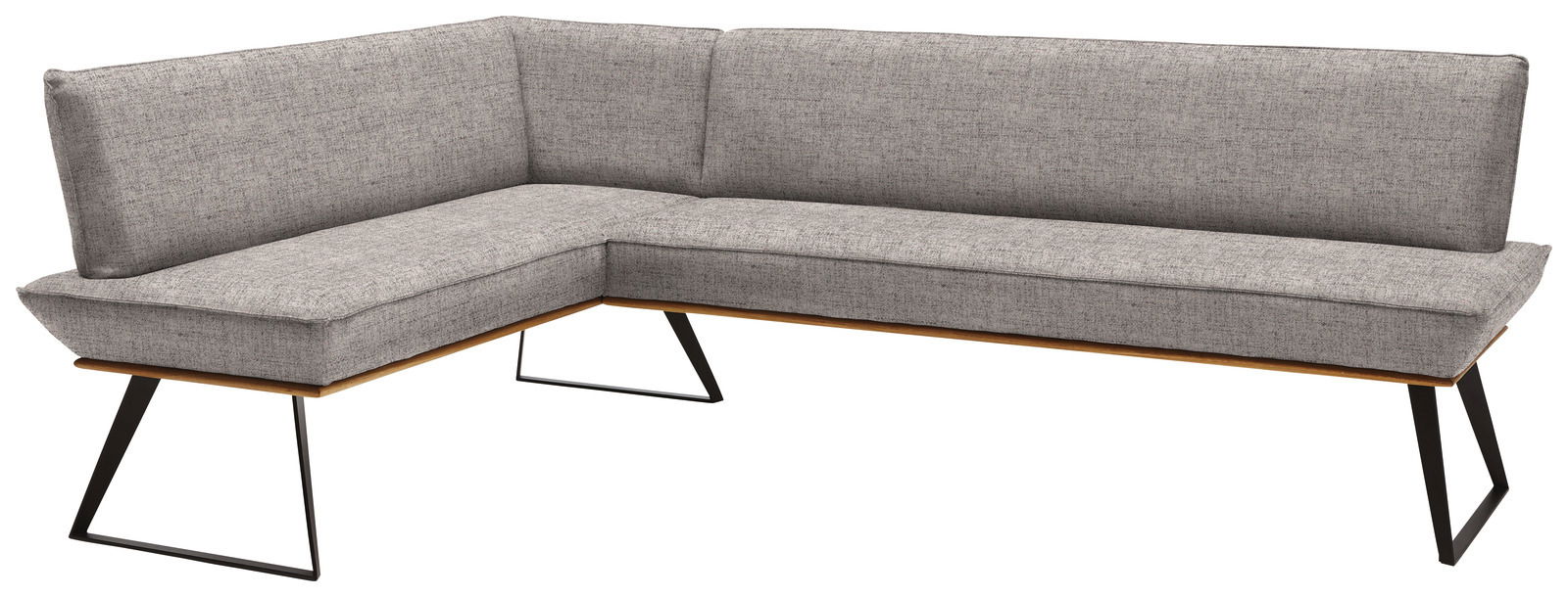 Voleo Eckbank 163x203 cm MALIBU Graue Eckbank mit modernem Design, Metallbeinen und Stoffbezug, Perspektive von vorne links