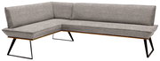 Graue Eckbank mit modernem Design, Metallbeinen und Stoffbezug, Perspektive von vorne links