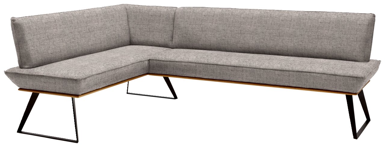 Graue Eckbank mit modernem Design, Metallbeinen und Stoffbezug, Perspektive von vorne links