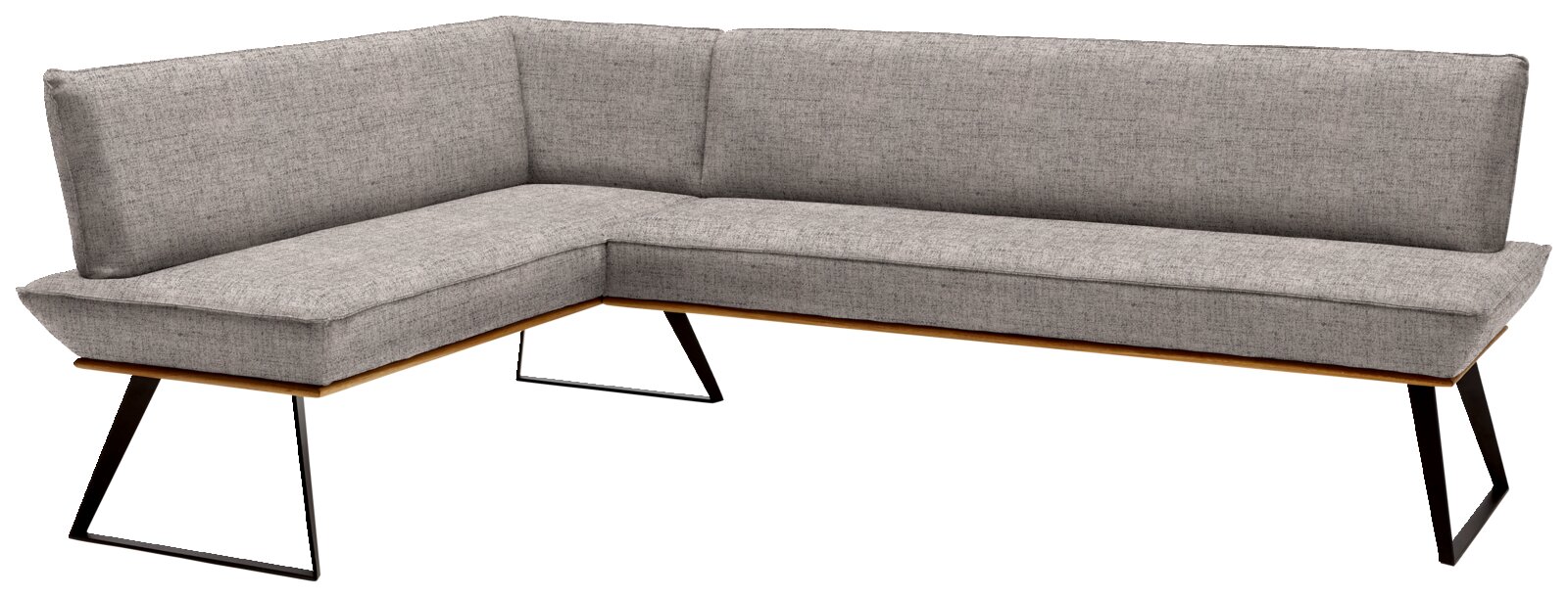 Grijze hoekbank met een modern ontwerp, metalen poten en stoffen bekleding, gezien vanaf links vooraan