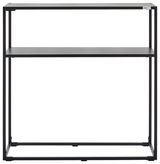 Schwarze Konsole mit zwei Regalböden, frontal betrachtet