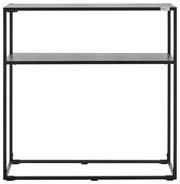 Schwarze Konsole mit zwei Regalböden, frontal betrachtet