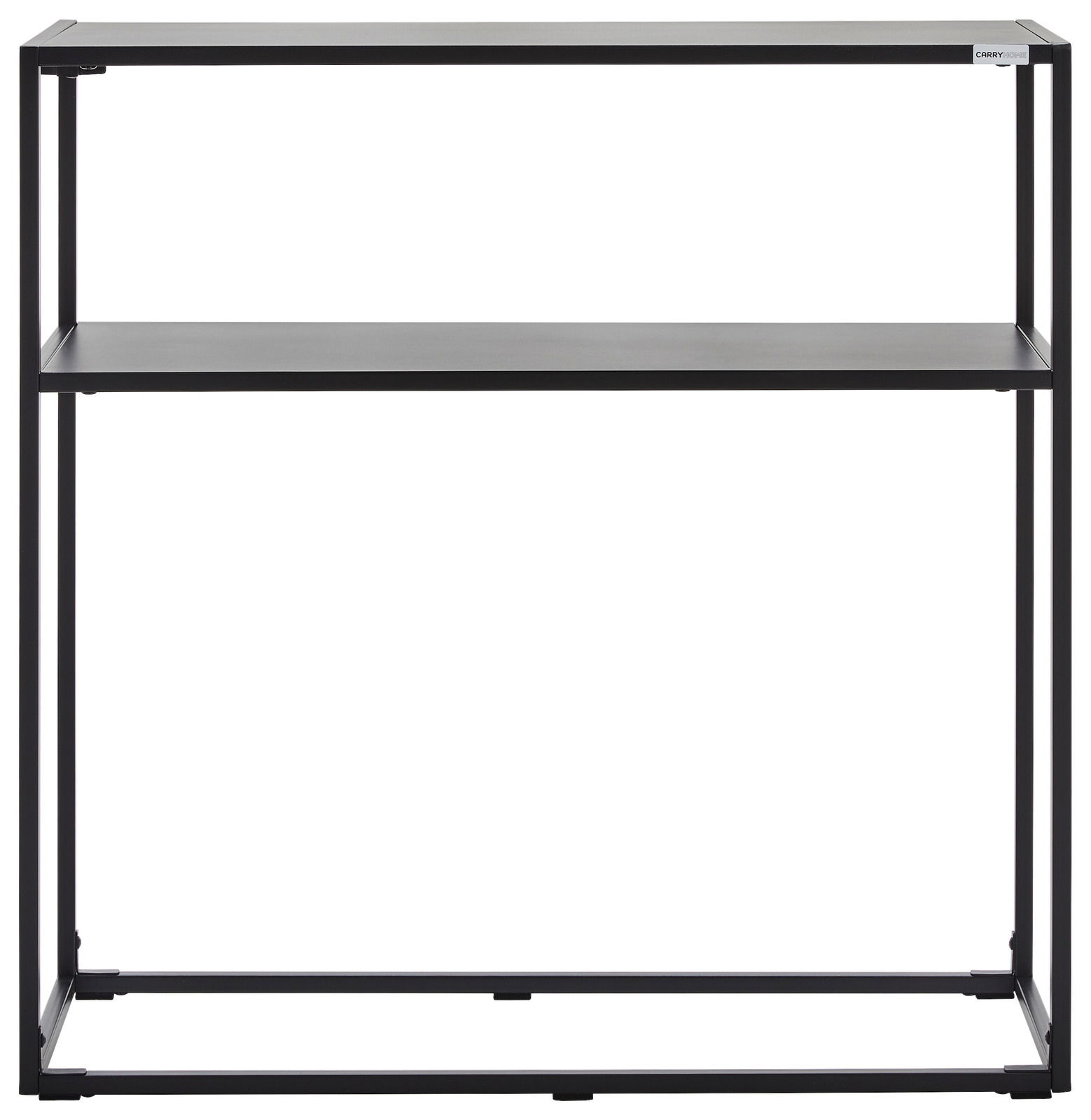 Schwarze Konsole mit zwei Regalböden, frontal betrachtet