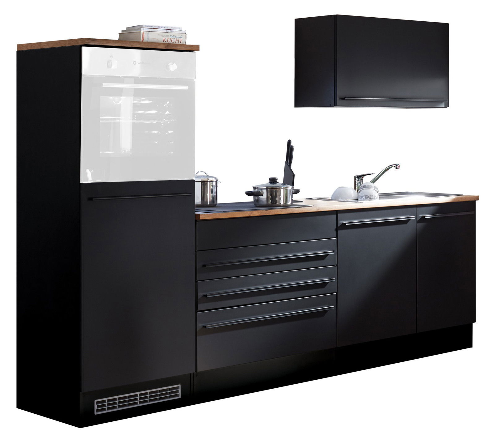 Moderner Küchenblock in schwarzem Design mit Holzarbeitsplatte, bestehend aus einem hohen Schrank mit Backofenfach, mehreren Schubladen und einem Spülbecken. Perspektive von vorne.
