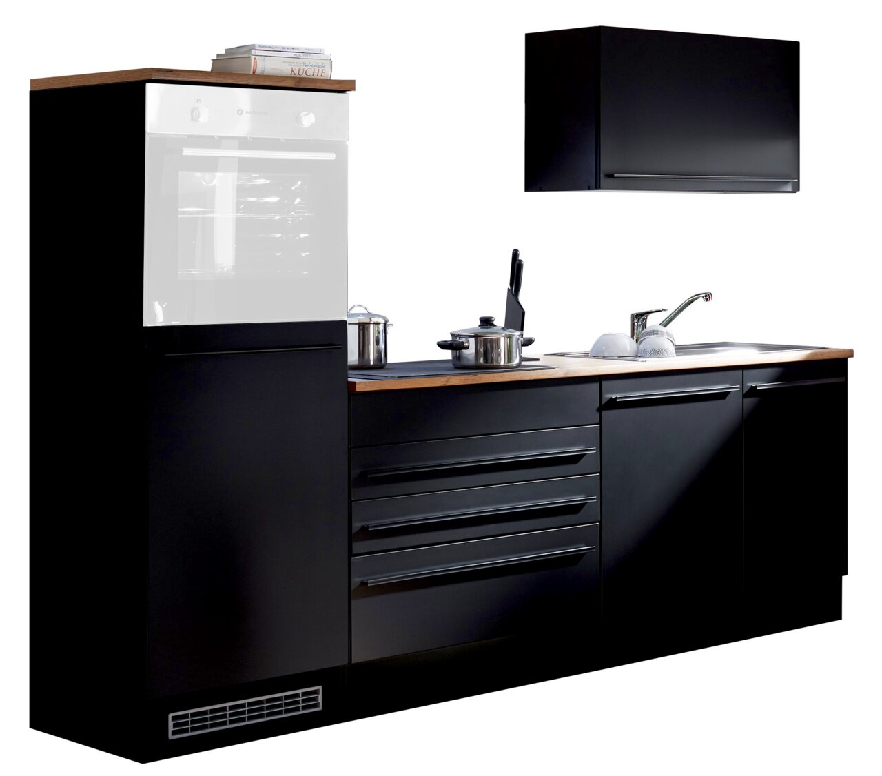 Yourkitchen Küchenblock 260 JAZZ ohne E-Geräte Moderner Küchenblock in schwarzem Design mit Holzarbeitsplatte, bestehend aus einem hohen Schrank mit Backofenfach, mehreren Schubladen und einem Spülbecken. Perspektive von vorne.