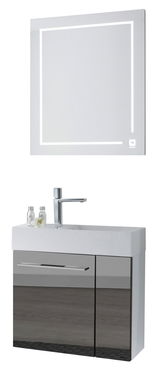Moderne Badezimmermöbel mit beleuchtetem Spiegel und Waschbecken, Frontalansicht