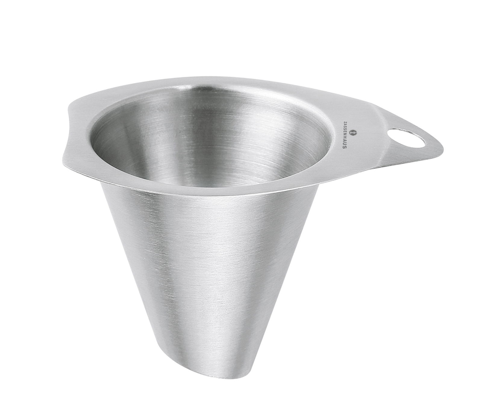 Metalltrichter für Pfeffer und Salz, seitliche Perspektive