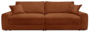 Frontale Ansicht eines großen, braunen Sofas mit zwei passenden Kissen, bezogen mit einem gerippten Stoff.