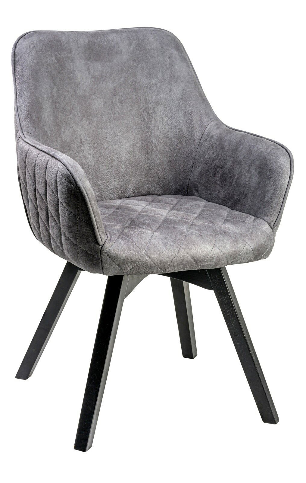 Grauer Armlehnstuhl mit gepolstertem Sitz und Rückenlehne, seitliche Perspektive