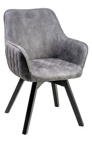 Grauer Armlehnstuhl mit gepolstertem Sitz und Rückenlehne, seitliche Perspektive