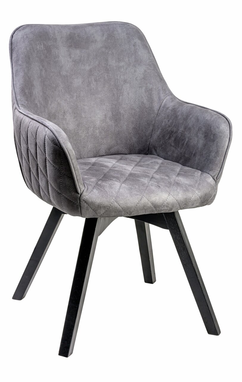 Grauer Armlehnstuhl mit gepolstertem Sitz und Rückenlehne, seitliche Perspektive