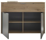 Frontale Ansicht einer modernen Kommode mit Holzoptik und offenen Türen, die sechs Fächer zeigt.