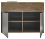 Frontale Ansicht einer modernen Kommode mit Holzoptik und offenen Türen, die sechs Fächer zeigt.