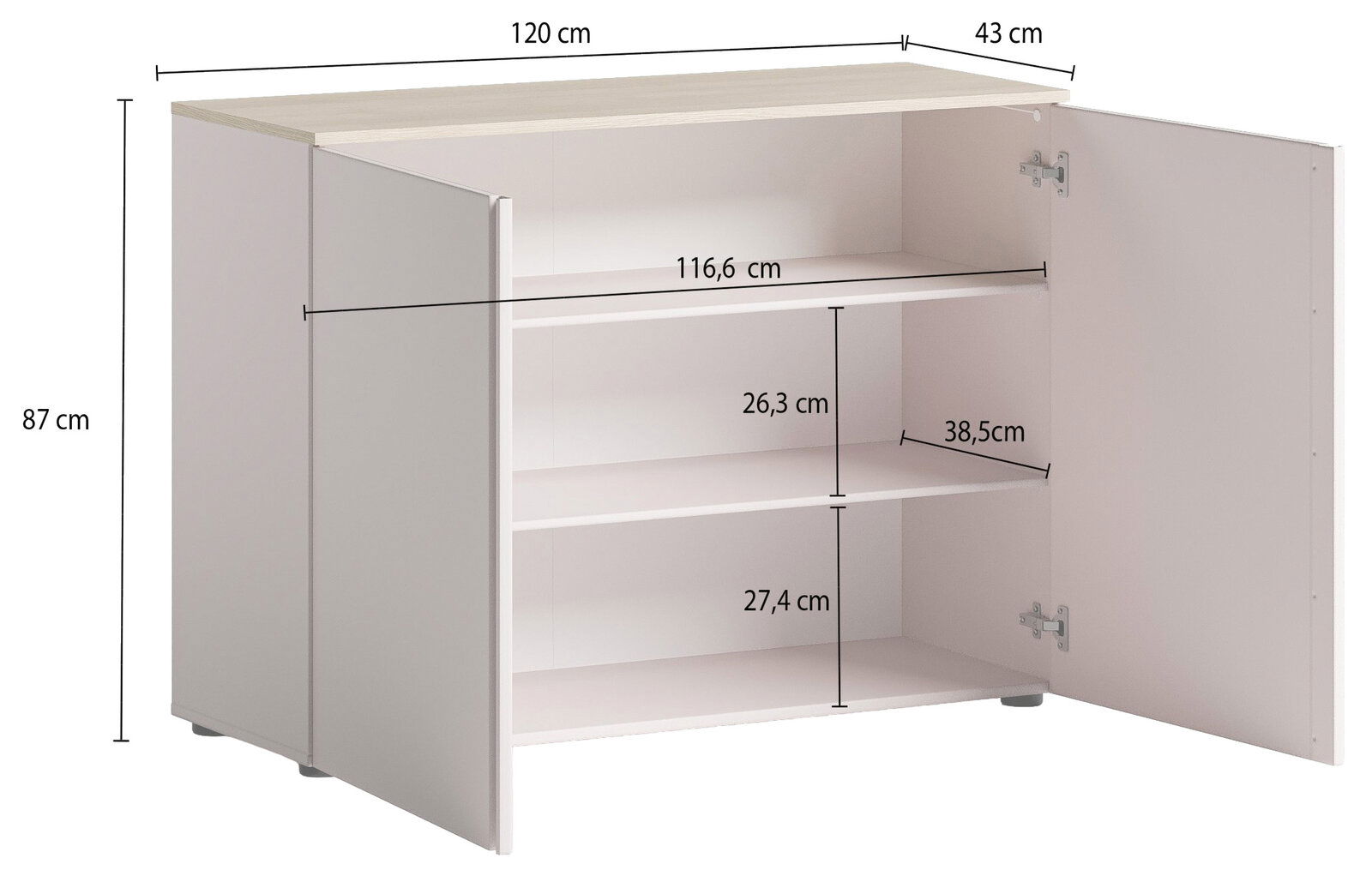 Kommode mit offenen Türen, zeigt Innenfächer und Maße, Perspektive von vorne rechts