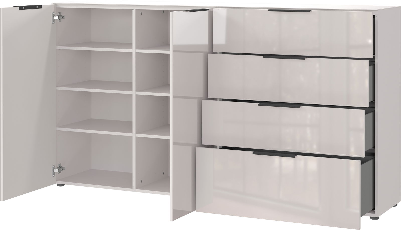 XL-Sideboard mit offenen Türen und Schubladen, seitliche Perspektive