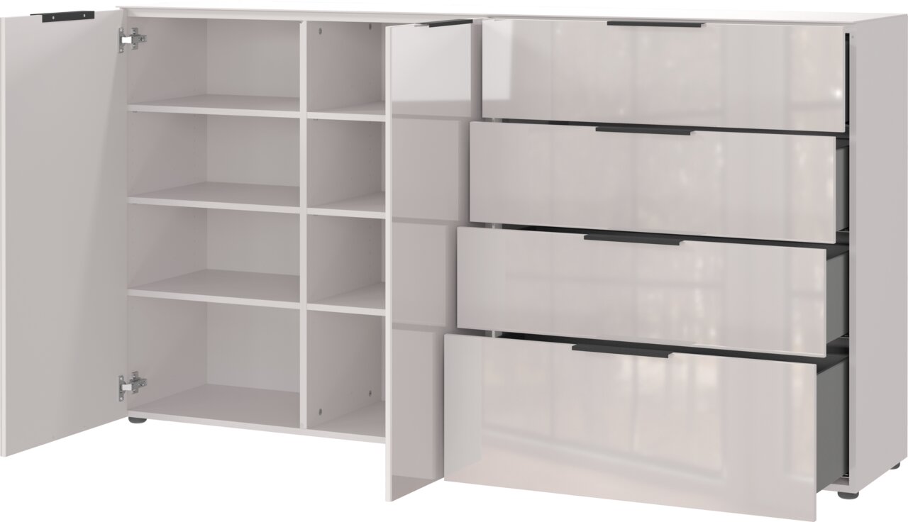 XL-Sideboard mit offenen Türen und Schubladen, seitliche Perspektive