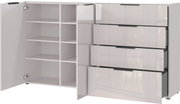 XL-Sideboard mit offenen Türen und Schubladen, seitliche Perspektive