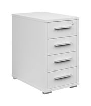 Weißer Anstellcontainer mit vier Schubladen, seitliche Perspektive