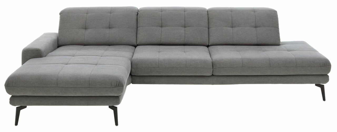 Graue Longchairkombination mit linker Armlehne, moderne Metallfüße, Frontalansicht.