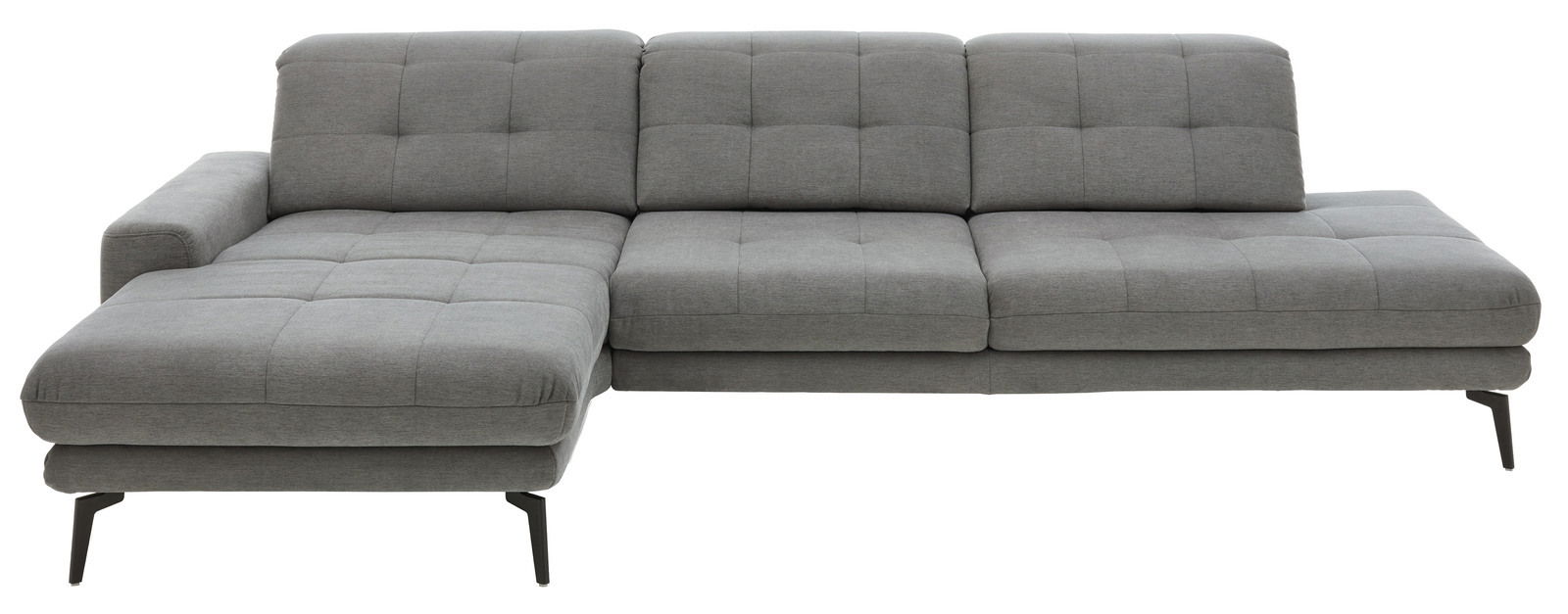 Graue Longchairkombination mit linker Armlehne, moderne Metallfüße, Frontalansicht.