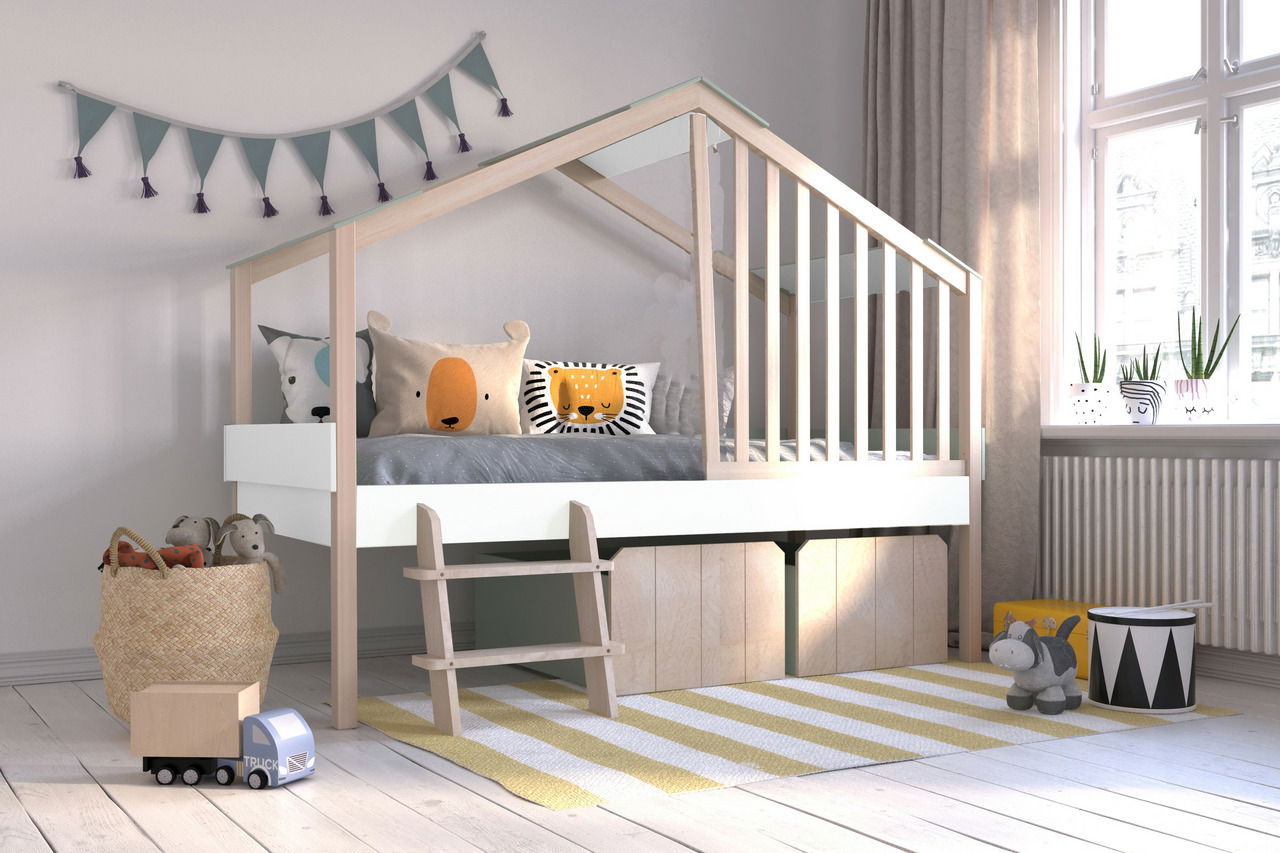 Kinderzimmer mit einem Hochbett in Hausform, dekoriert mit Kissen und Spielzeug, seitliche Perspektive