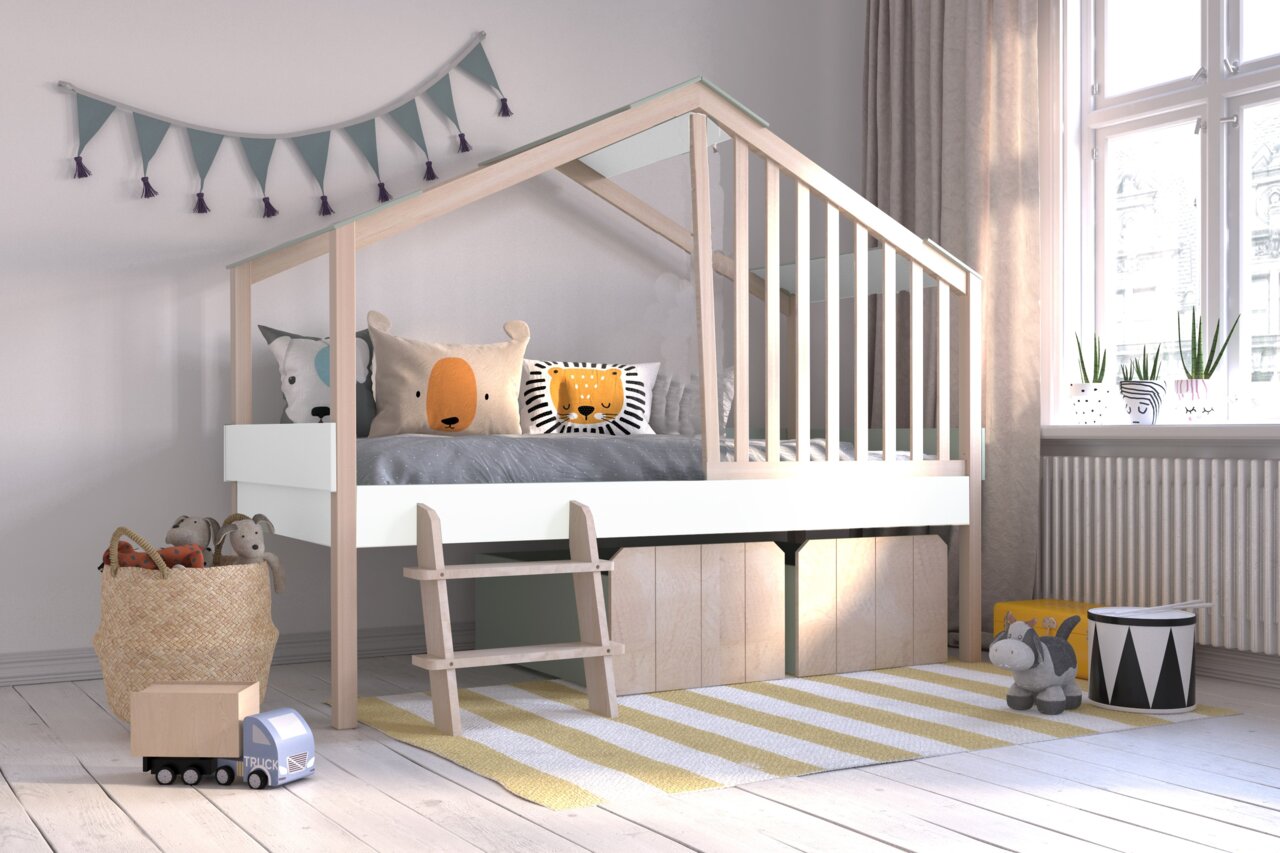 Kinderkamer met een hoogslaper in de vorm van een huisje, versierd met kussens en speelgoed, zijaanzicht