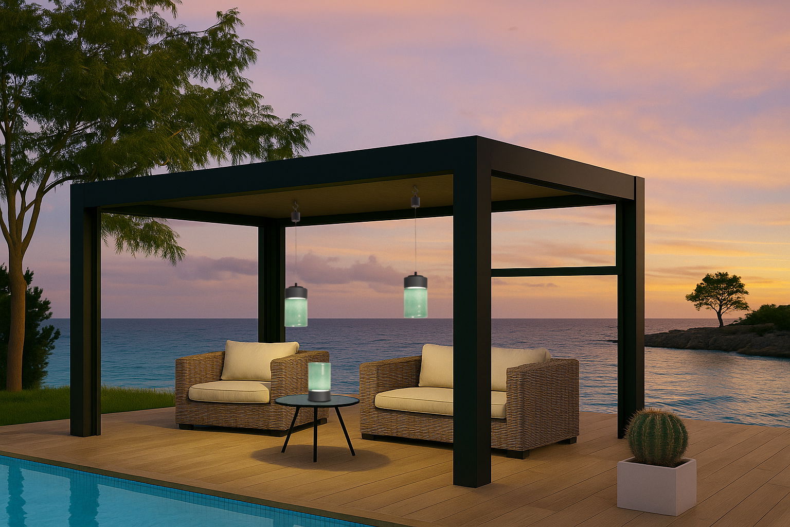 Moderne Pendelhalterung für Akku-Windlichter in einem stilvollen Außenbereich mit Meerblick, aufgenommen aus einer seitlichen Perspektive.