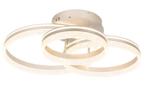 Moderne LED-Deckenleuchte mit drei ineinander verschlungenen Leuchtringen, seitliche Perspektive