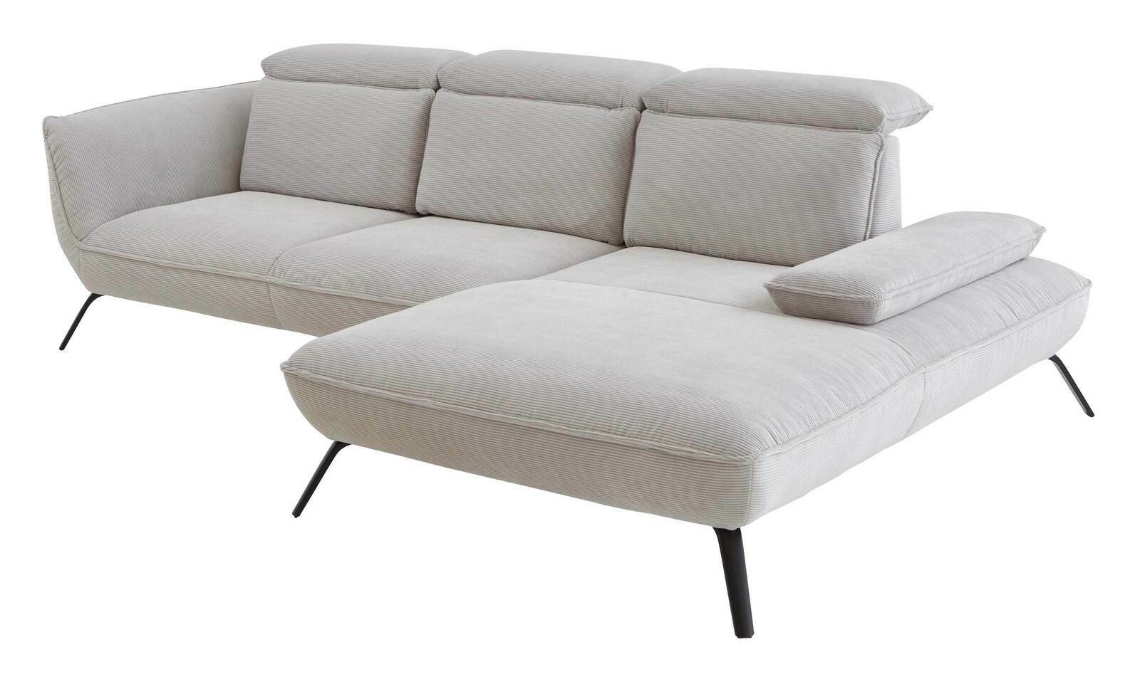 Graue Longchairkombination mit verstellbaren Kopfstützen und schwarzen Metallbeinen, seitliche Perspektive