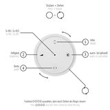 Nahaufnahme eines runden, weißen Steuerungselements für die Pendelleuchte PURE-MOTO-RISE, mit Funktionen zur Anpassung von Höhe, Helligkeit, Farbtemperatur und Breite durch Drücken und Drehen. Draufsicht.