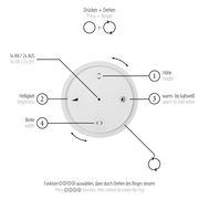 Nahaufnahme eines runden, weißen Steuerungselements für die Pendelleuchte PURE-MOTO-RISE, mit Funktionen zur Anpassung von Höhe, Helligkeit, Farbtemperatur und Breite durch Drücken und Drehen. Draufsicht.