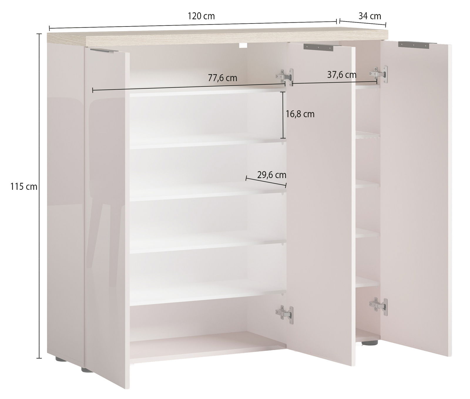 XL-Schuhschrank mit offenen Türen, zeigt mehrere Regalböden zur Schuhaufbewahrung, Perspektive von vorne.