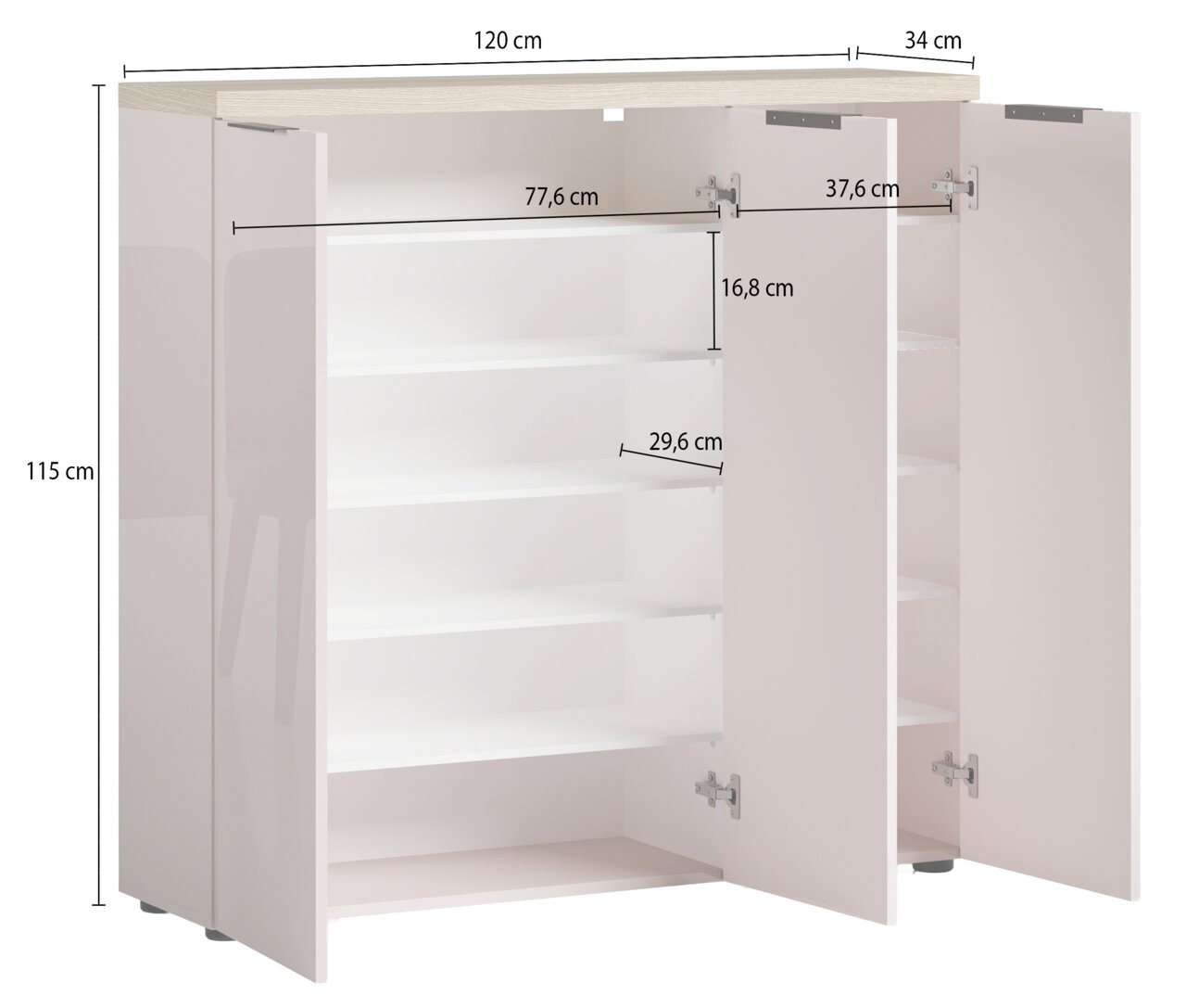 XL-Schuhschrank mit offenen Türen, zeigt mehrere Regalböden zur Schuhaufbewahrung, Perspektive von vorne.